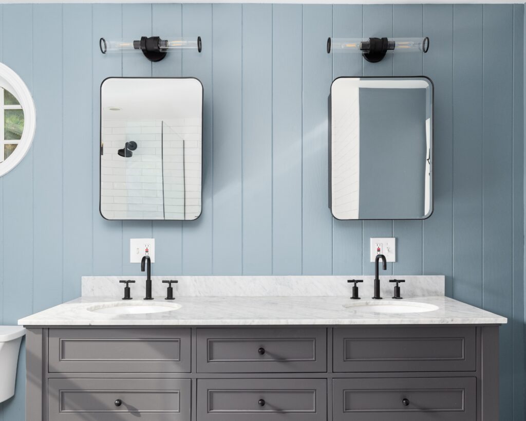 Beach house bathroom remodel with coastal blue and grays.